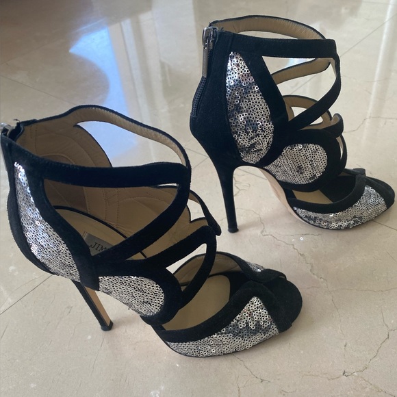 Jimmy Choi Silver/Black Suede and Sequins Tempest Sandal Size 37 - Picture 2 of 6